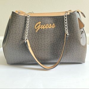 GUESS Satchel, Mocha, Tan, Chain Strap, Silver